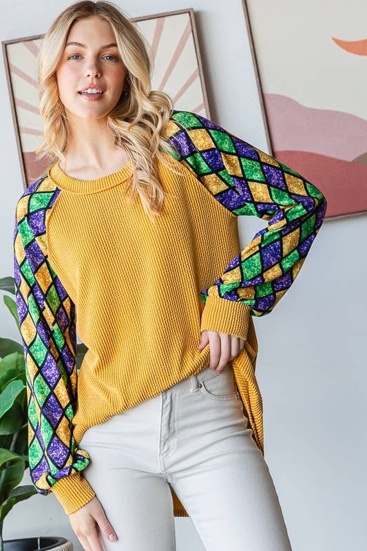 MARDI GRAS LONG SLEEVE URBAN RIBBED TOP