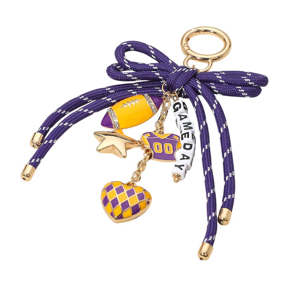 Football Themed Charm GAME DAY Message Beaded Rope Bow Accent Keychain / Bag Charm