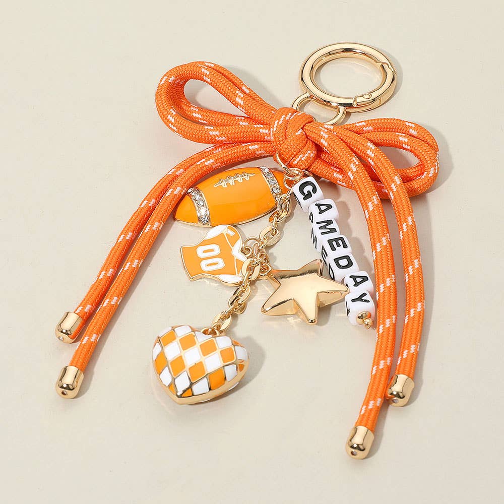 Football Themed Charm GAME DAY Message Beaded Rope Bow Accent Keychain / Bag Charm