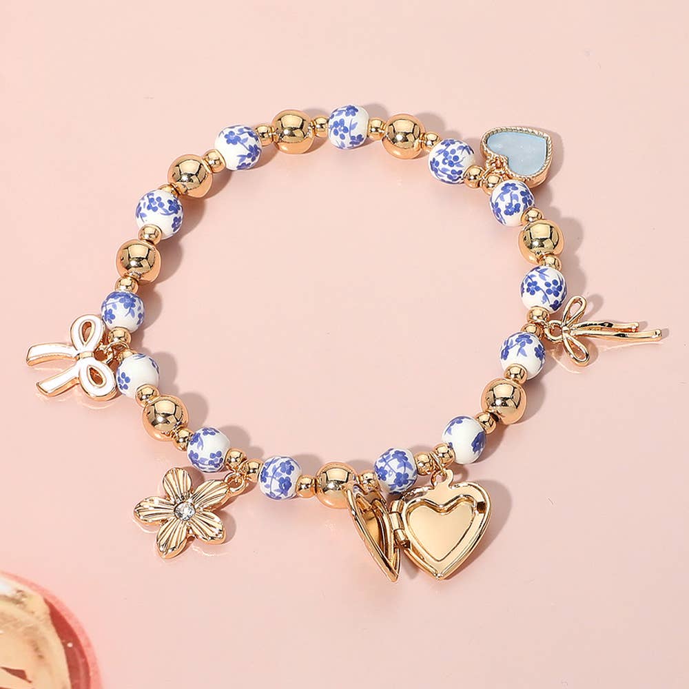 Enamel Bow Heart Flower Charm Ceramic Ball Stretch Bracelet