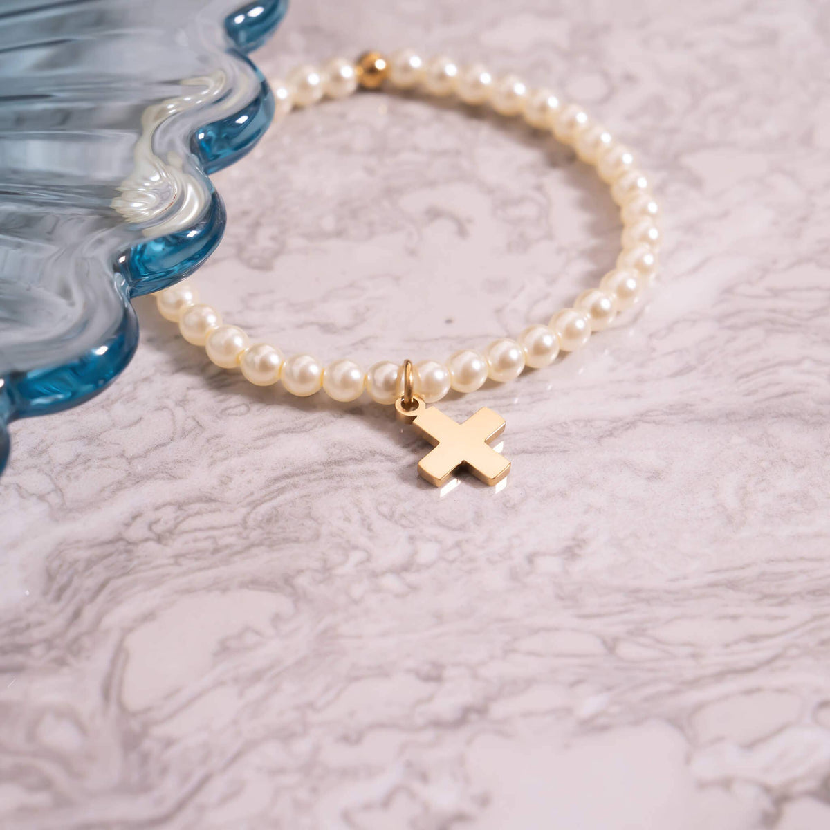 Children's 18k Gold PVD Stainless Steel Pearl Cross Bracelet