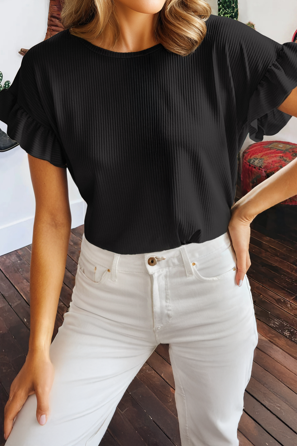 Solid Color Ribbed Ruffled Short Sleeve T Shirt