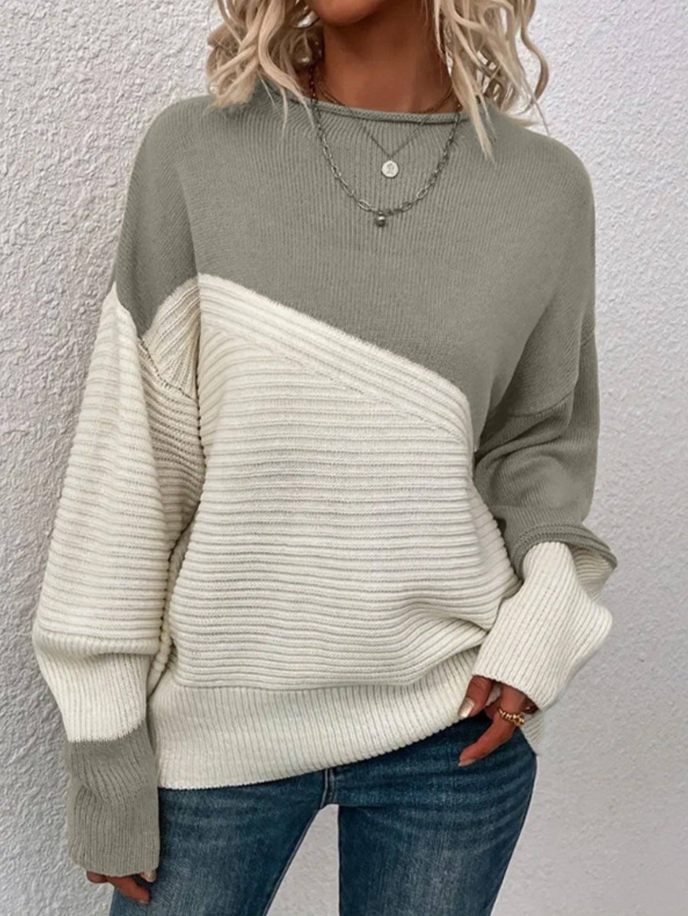 Casual Loose Knit Sweater Colorblock Long Sleeve Round Neck