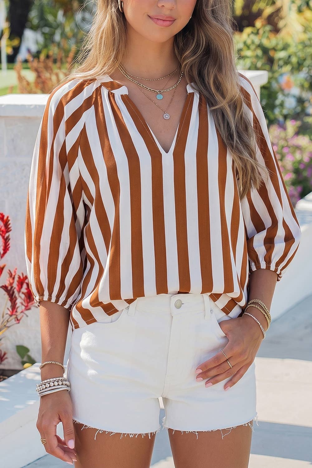 Striped V Neck Half Sleeve Casual Blouse