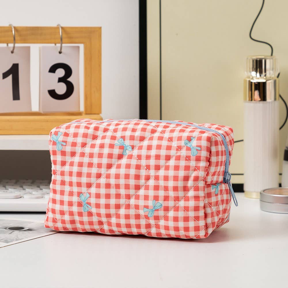 QUILTED COTTON CHECKER BOW COSMETIC POUCH BAG