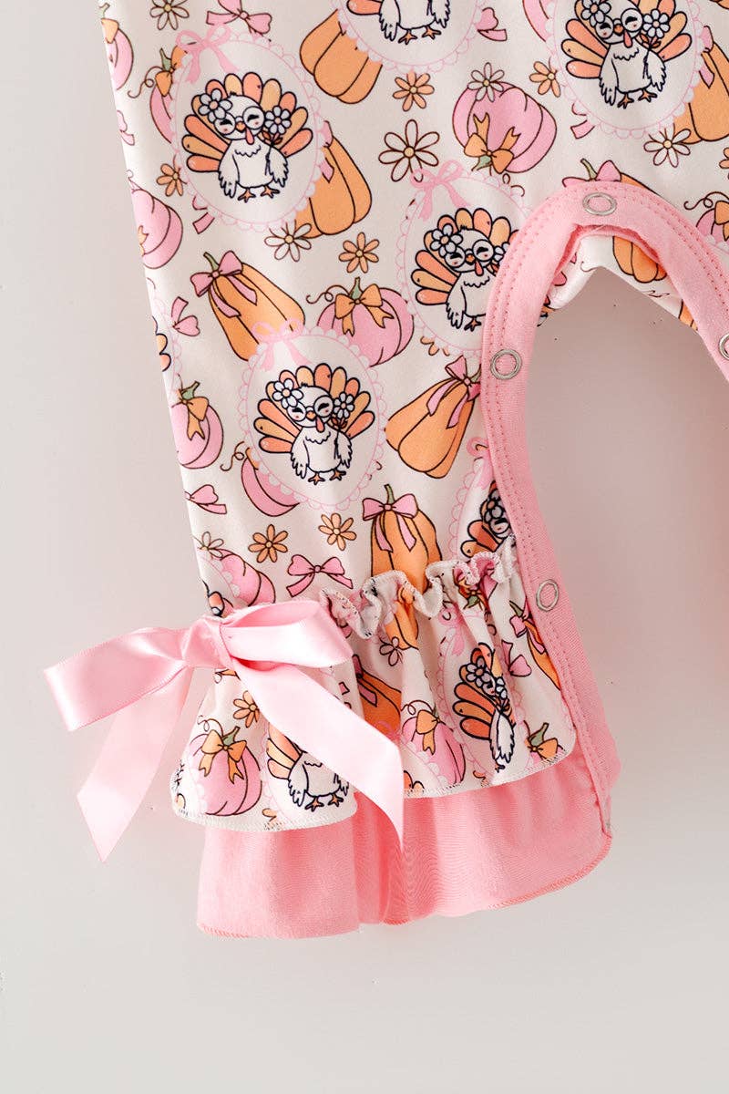 Turkey & pumpkin printed romper w/ pink ruffle hem