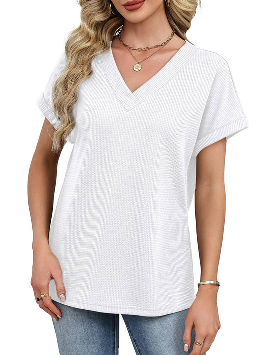 Women's Loose V-Neck Waffle Knit Short Sleeve T-Shirt