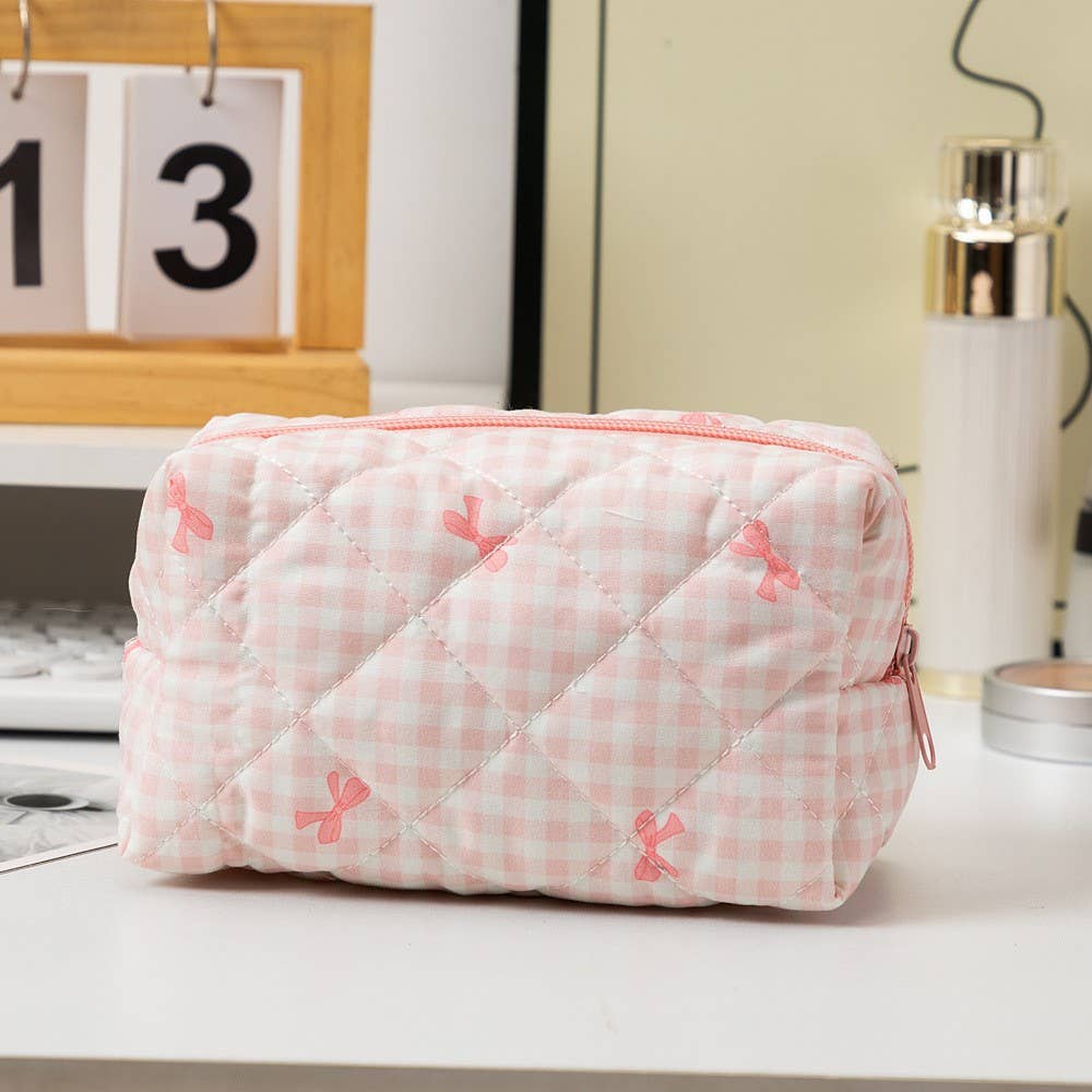 QUILTED COTTON CHECKER BOW COSMETIC POUCH BAG