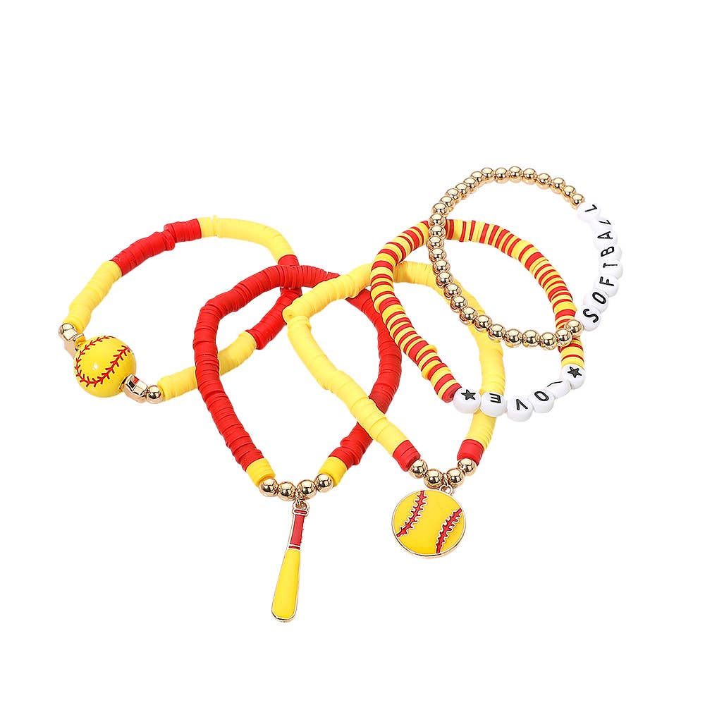 5PCS - SOFTBALL LOVE Letter Charm Beaded Stretch Multi Layered Bracelets