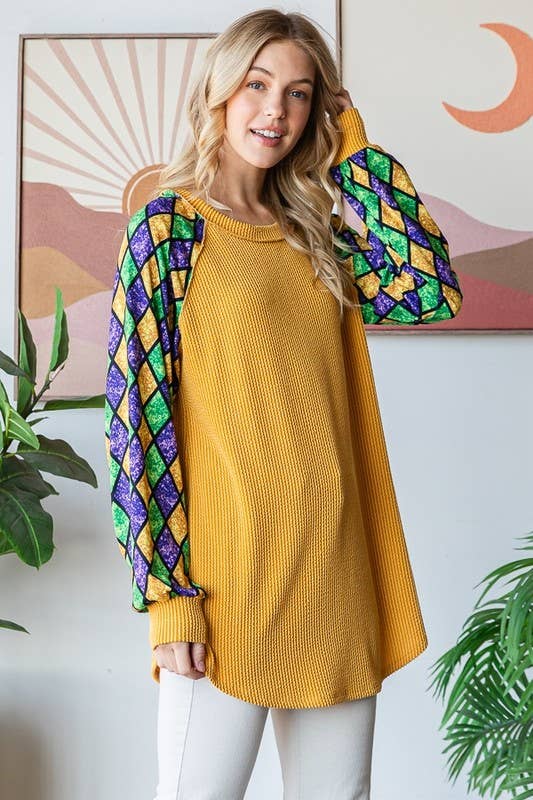 MARDI GRAS LONG SLEEVE URBAN RIBBED TOP