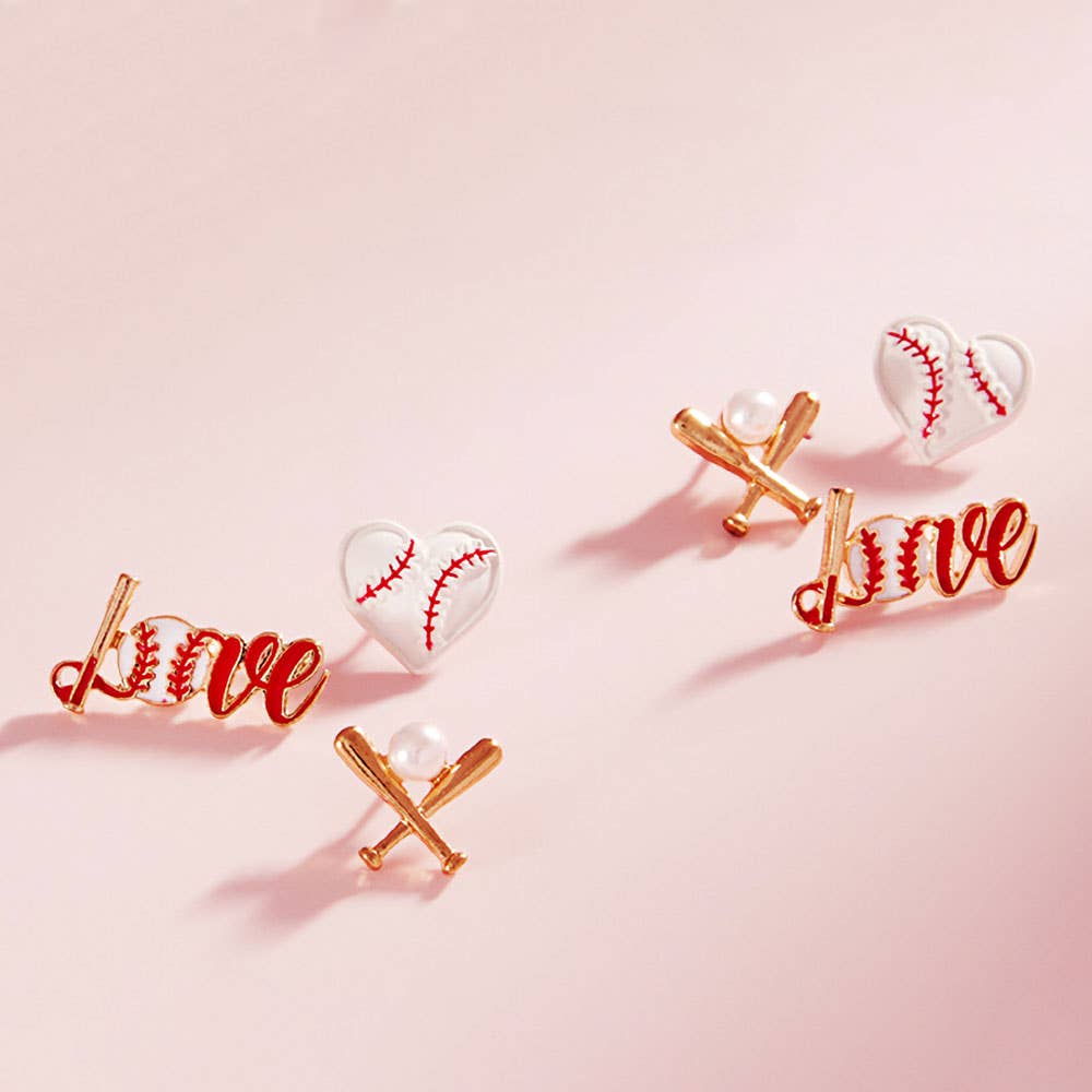 3Pairs Baseball Softball Themed Stud Earring Set