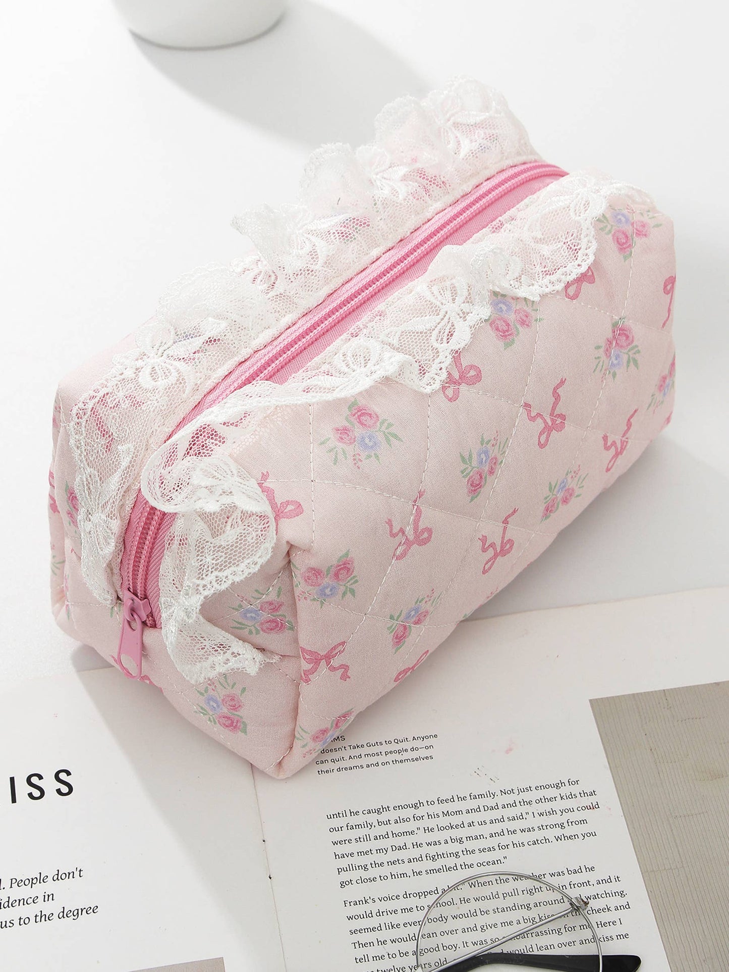 Ribbon Quilted Cosmetic Pouch