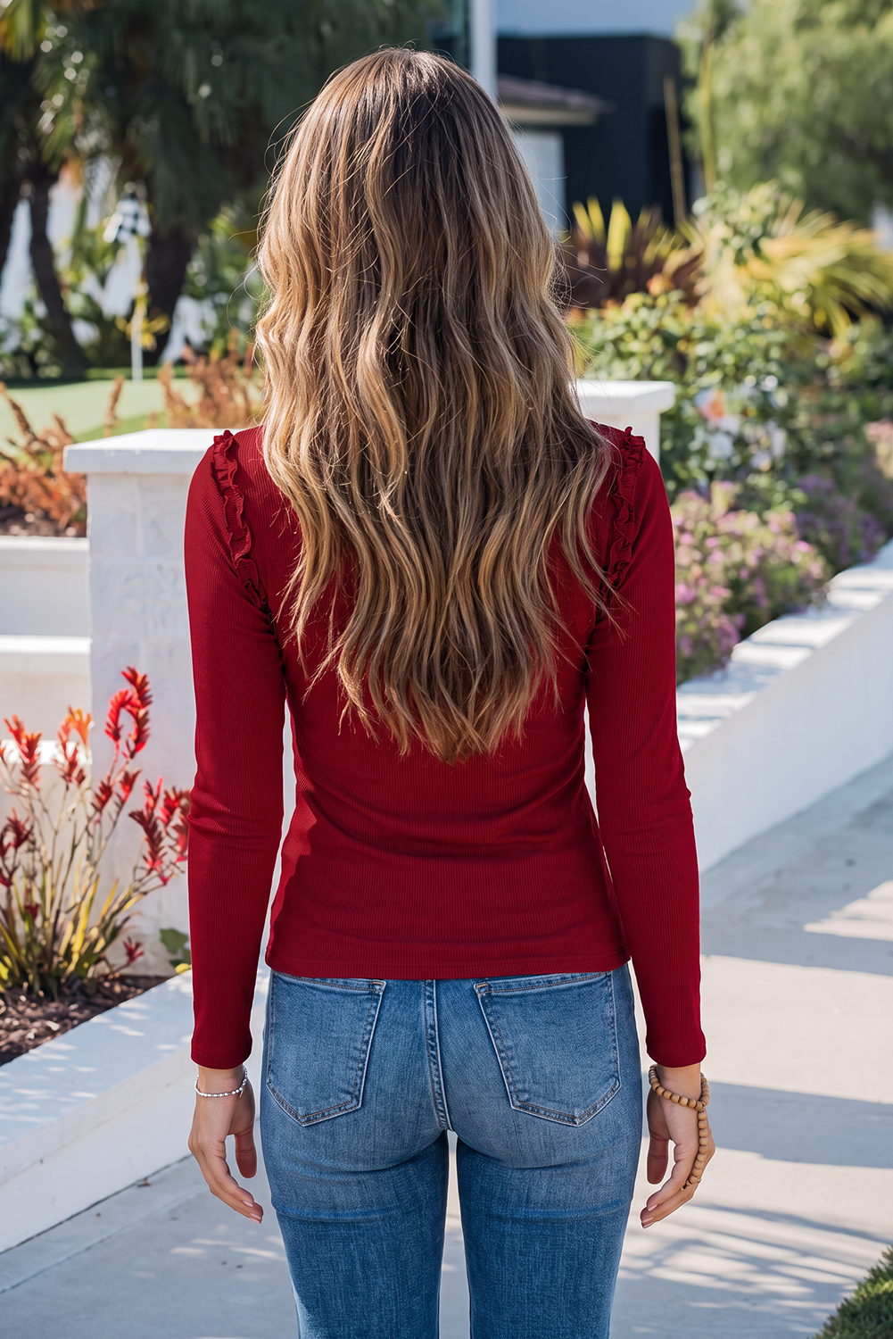 Solid Color Round Neck Frill Detail Long Sleeve Top