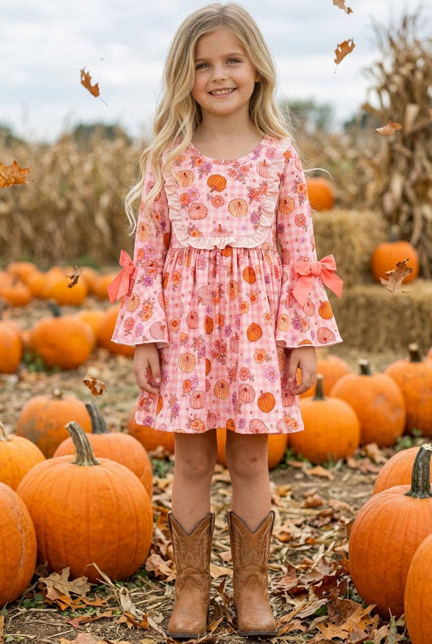 Pumpkin printed on pink dress w/ bell sleeves