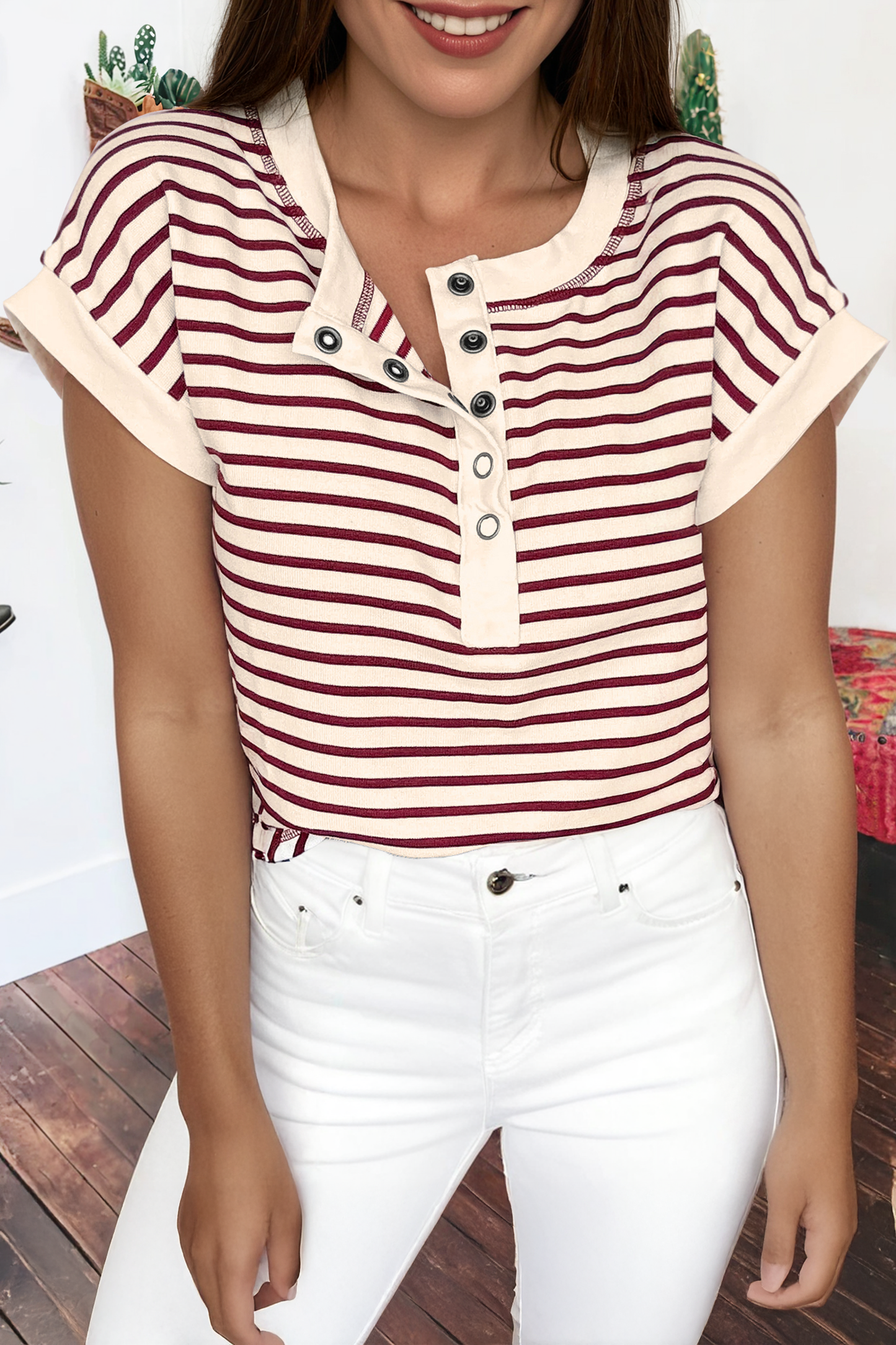 Summer Red&white Stripe Half Buttons Round Neck T Shirt