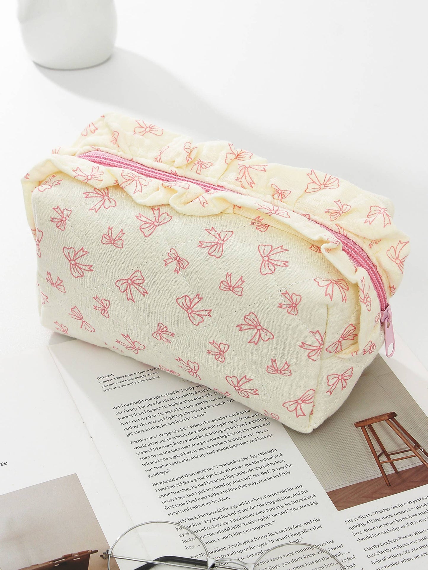Ribbon Quilted Cosmetic Pouch