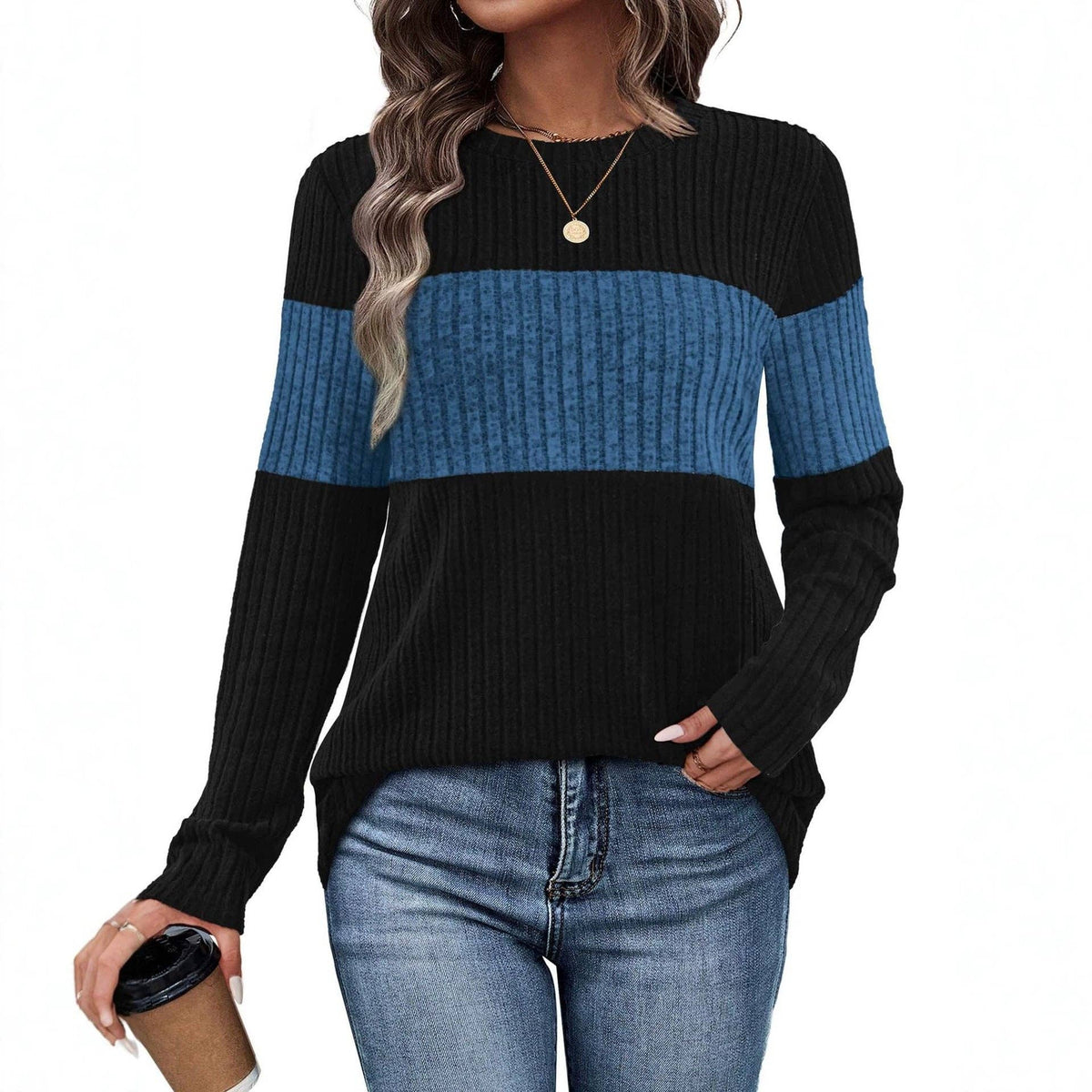 Color Block Ribbed Knit Pullover Sweater