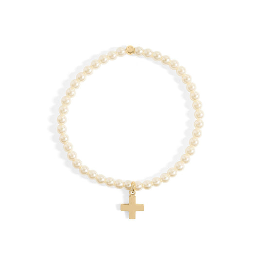 Children's 18k Gold PVD Stainless Steel Pearl Cross Bracelet