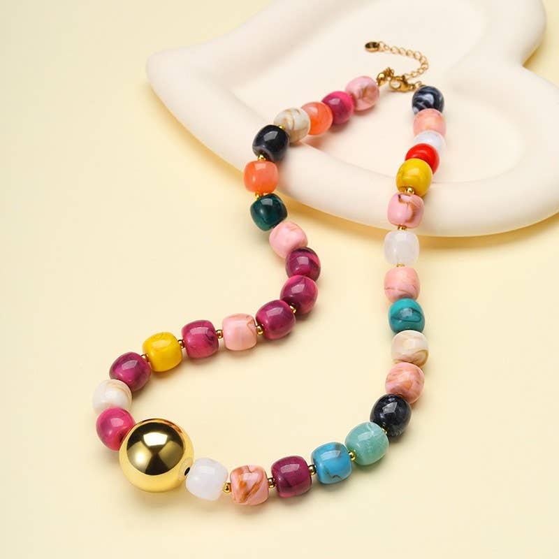 Barrel Beaded & Gold Ball Centerpiece Necklace