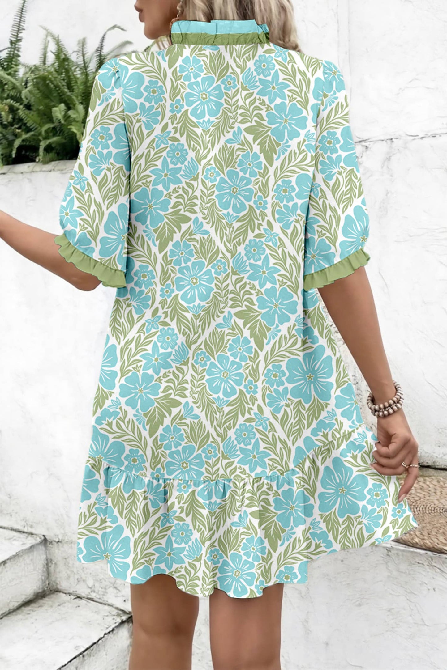 Floral Print Frilled Trim V Neck Button Front Boho Dress