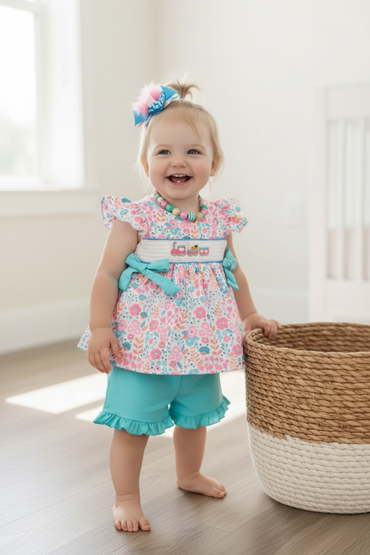 Pastel floral smocked girls set