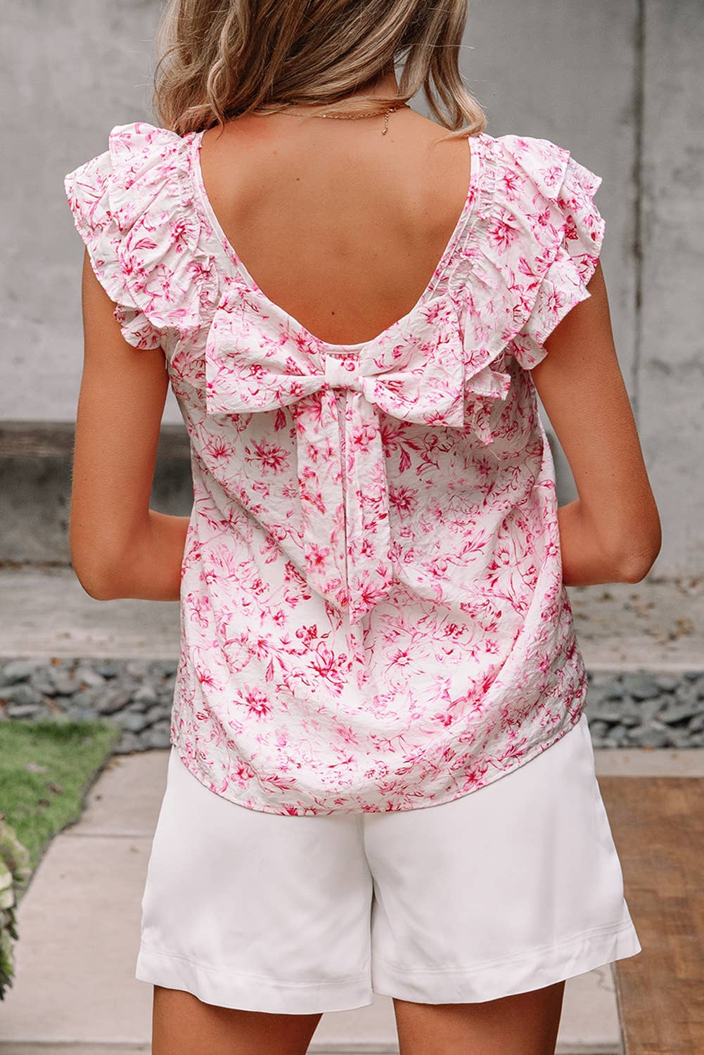 Textured Bow Knot Frilled Butterfly Sleeve Blouse