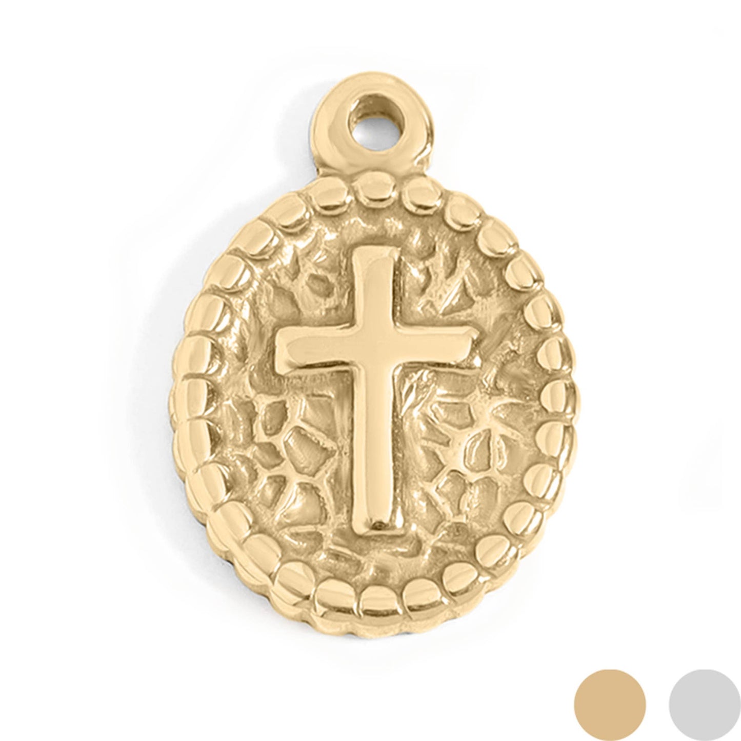 18K Gold PVD Stainless Steel Textured Medallion Cross Charm