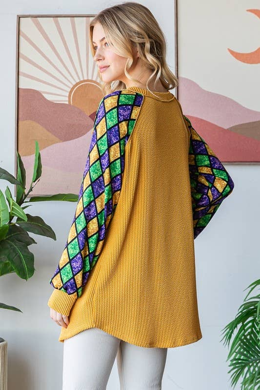 MARDI GRAS LONG SLEEVE URBAN RIBBED TOP