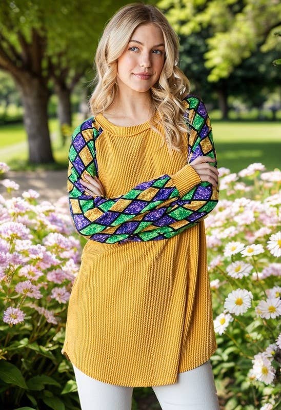 MARDI GRAS LONG SLEEVE URBAN RIBBED TOP