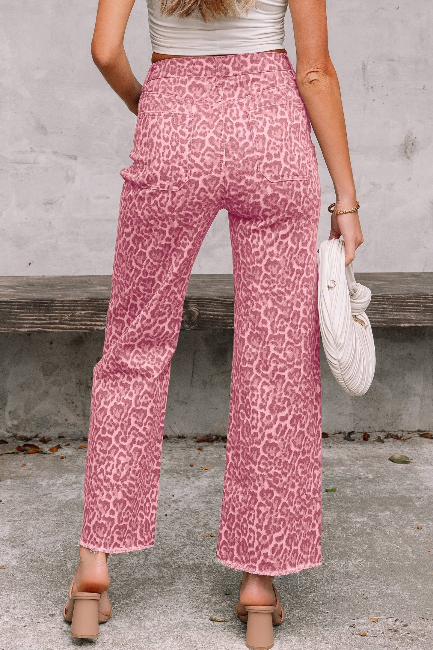 Western Leopard Frayed Edge Wide Leg High Waist Jeans