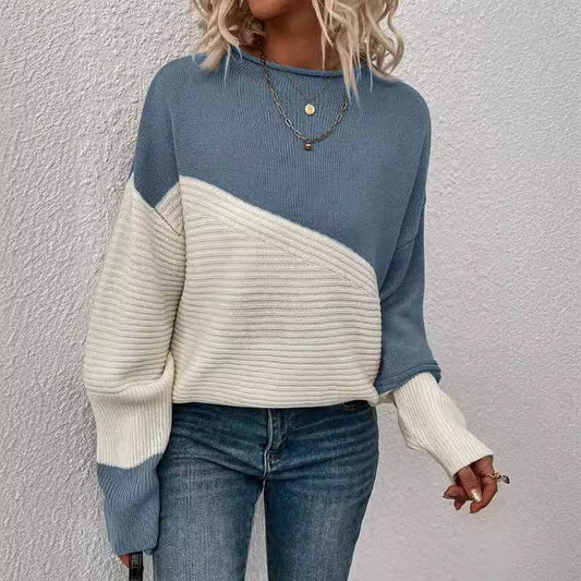 Casual Loose Knit Sweater Colorblock Long Sleeve Round Neck