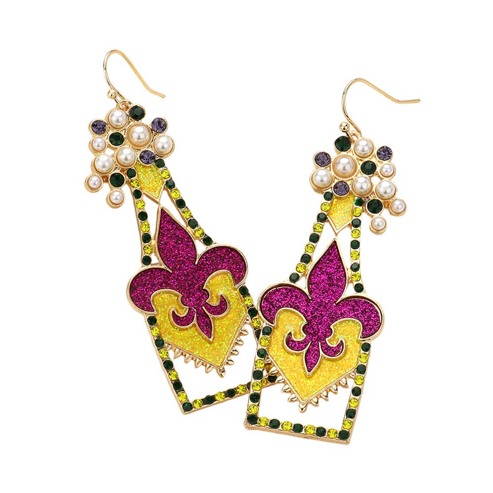 Stone and Pearl Paved Mardi Gras Fleur de Lis Bottle Earrings