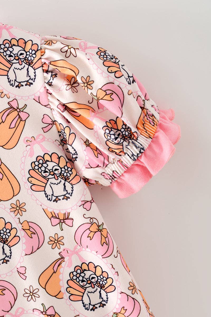 Turkey & pumpkin printed romper w/ pink ruffle hem