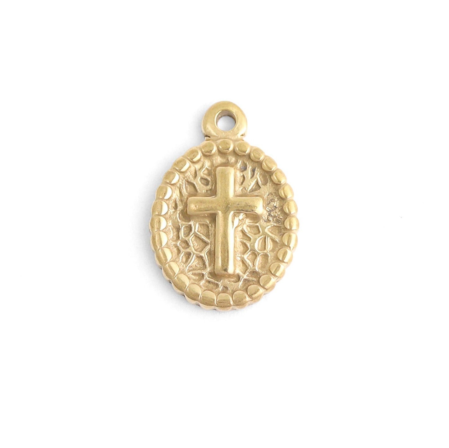 18K Gold PVD Stainless Steel Textured Medallion Cross Charm