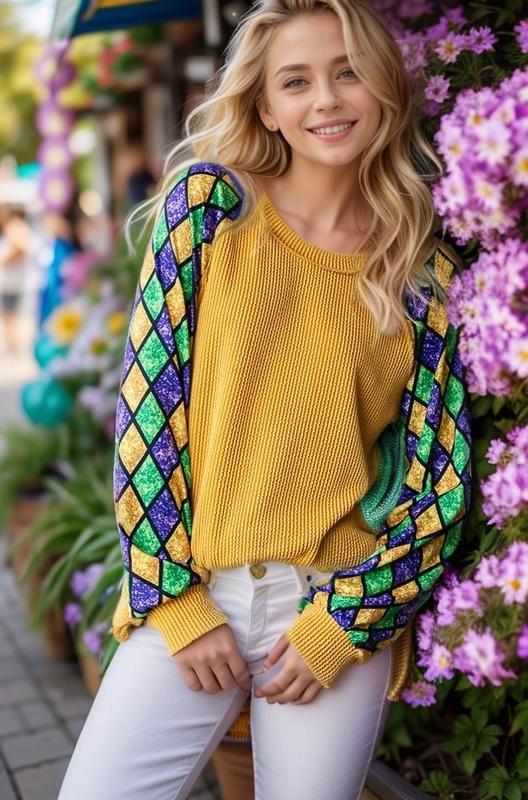 MARDI GRAS LONG SLEEVE URBAN RIBBED TOP