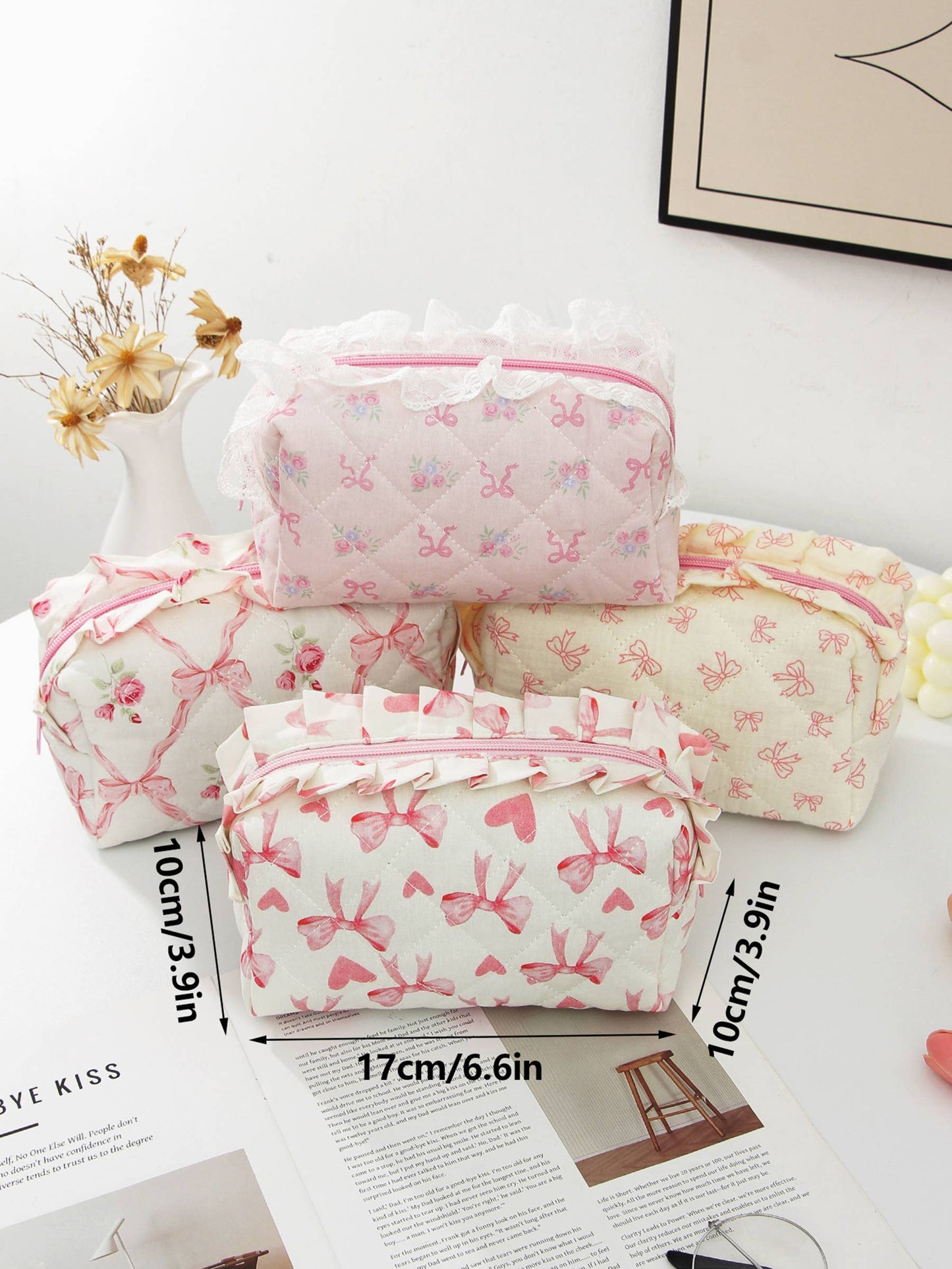 Ribbon Quilted Cosmetic Pouch