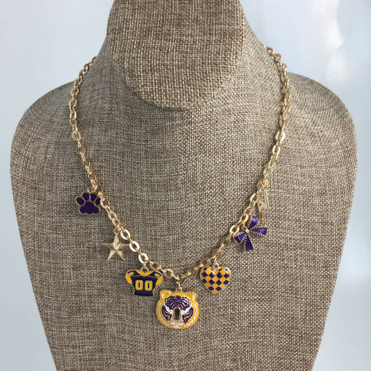Purple and gold football jersey charm necklace 