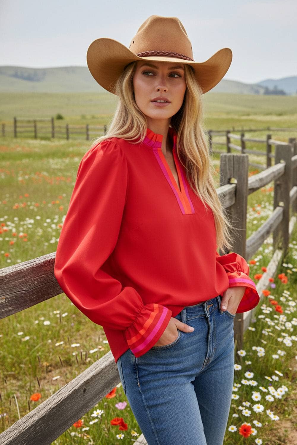 Striped Trim Ruffle Split Neck Long Sleeve Blouse