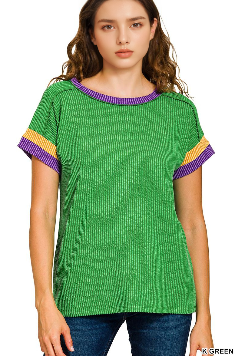 Mardi Gras Tri-color Contrast Trim Top