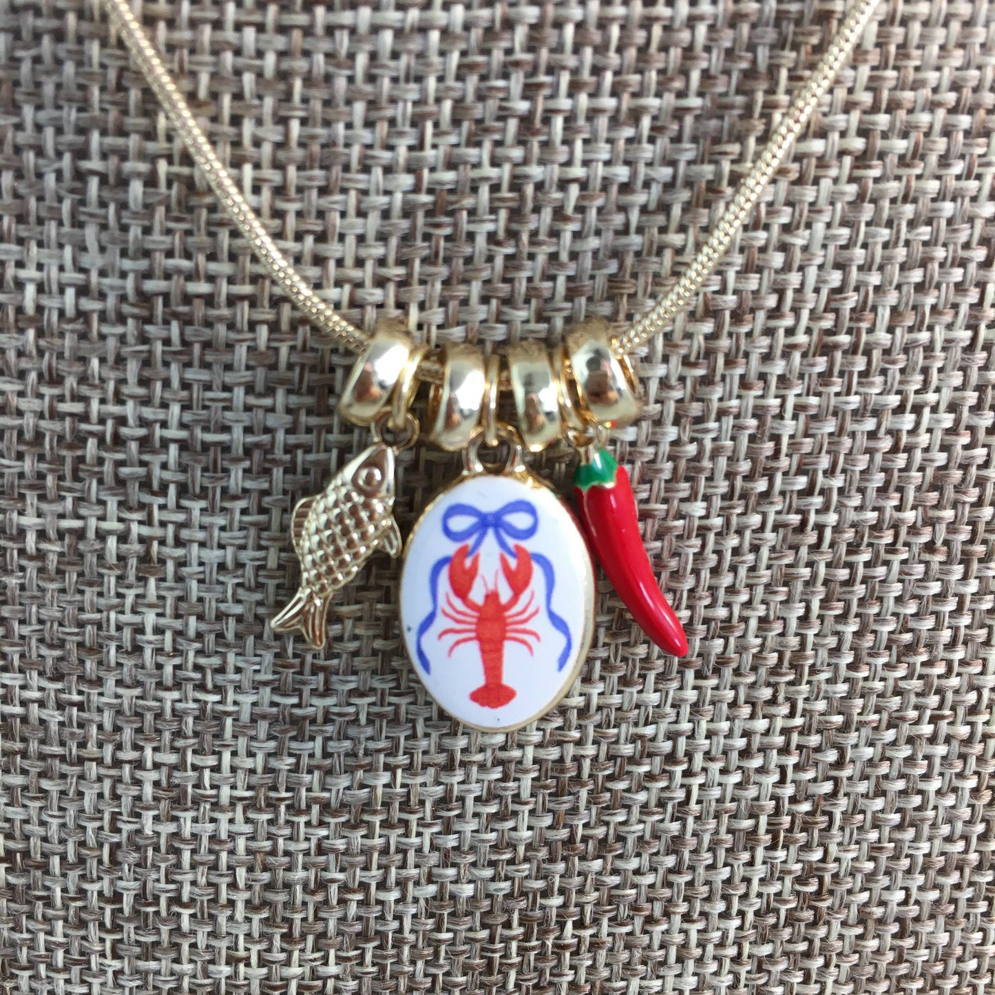 Crawfish/pepper/fish charm necklace 