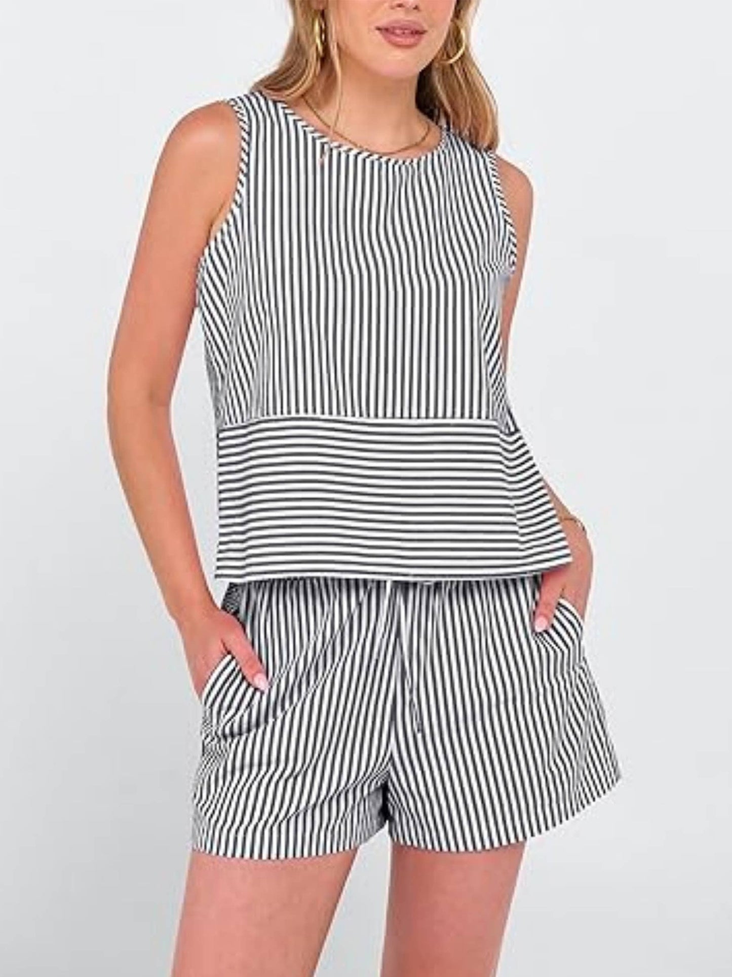Vertical Stripe Waist Cinch Sleeveless Set