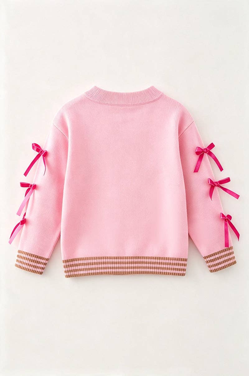 Ginger cookie pink knit sweater with bow on sleeves