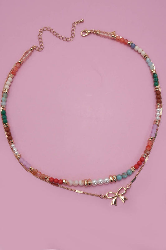 MULTI BEADED BOW CHARM DOUBLE LAYER NECKLACE | 80N91498