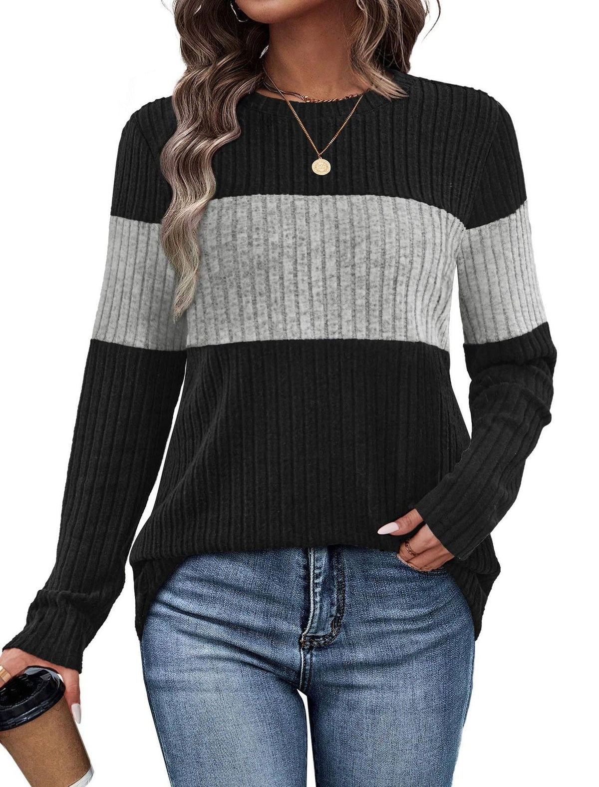 Color Block Ribbed Knit Pullover Sweater