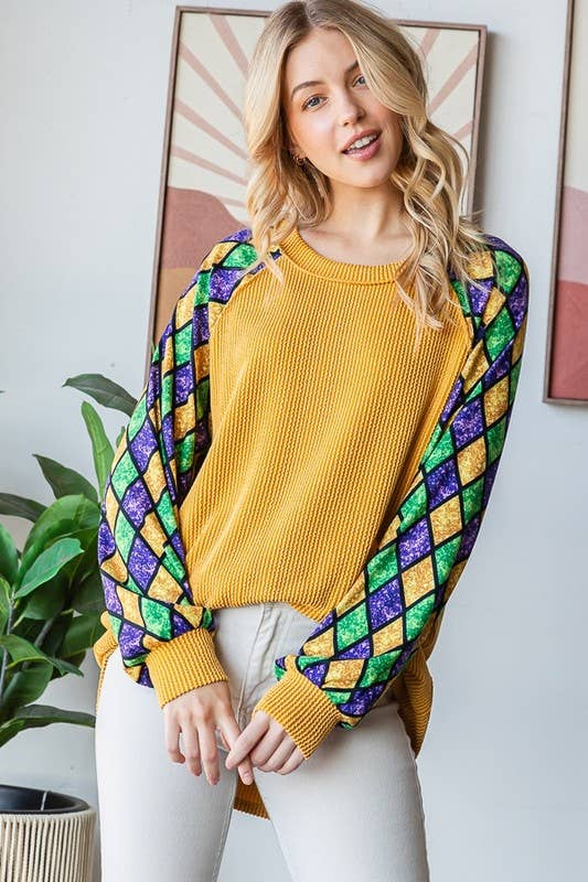 MARDI GRAS LONG SLEEVE URBAN RIBBED TOP