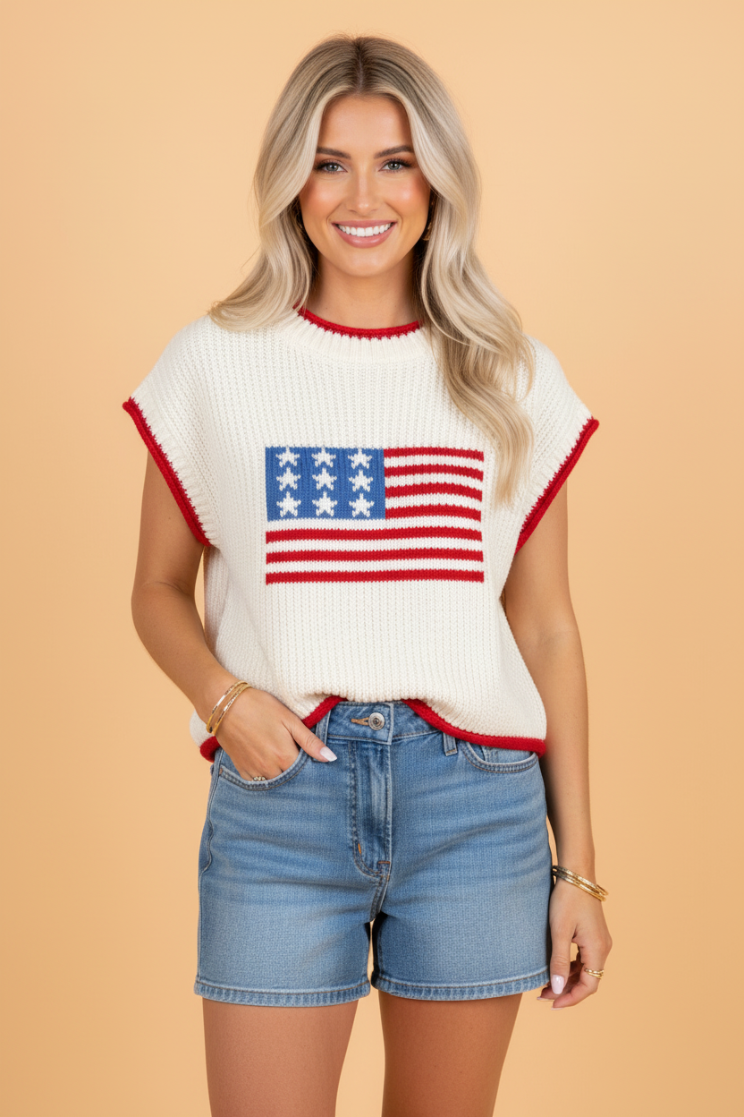 PRETTY BASH USA Flag Cropped Short Sleeve Sweater