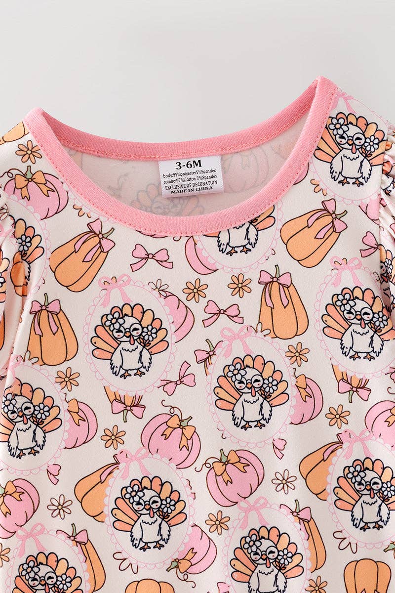 Turkey & pumpkin printed romper w/ pink ruffle hem