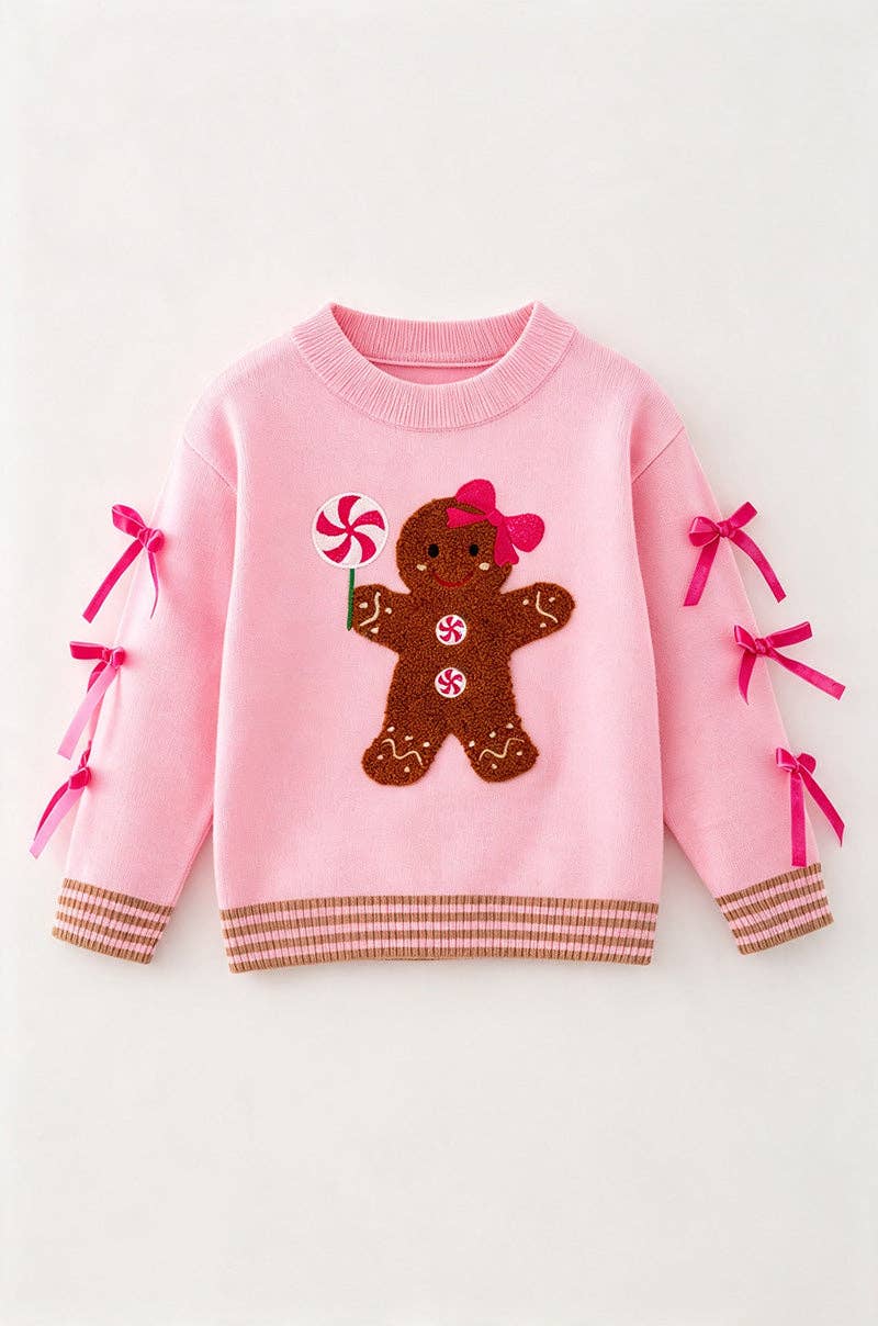 Ginger cookie pink knit sweater with bow on sleeves
