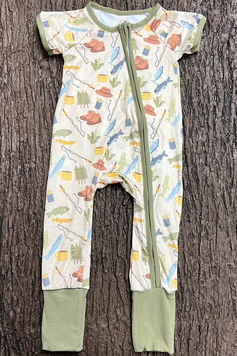 Gone fishing-Short sleeve baby romper with fold over footie