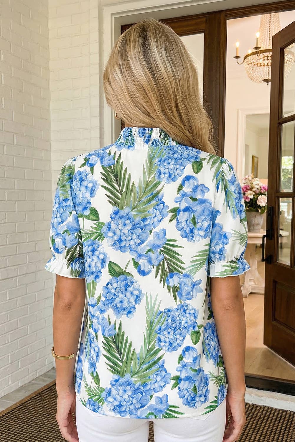 Floral Print Striped Patchwork V Neck Blouse